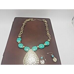 Napier Necklace and Earring set. Turquoise Beads and Gold Tear Shaped Pendant